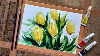 Yellow Tulips with Watercolor | Simple Flower Painting