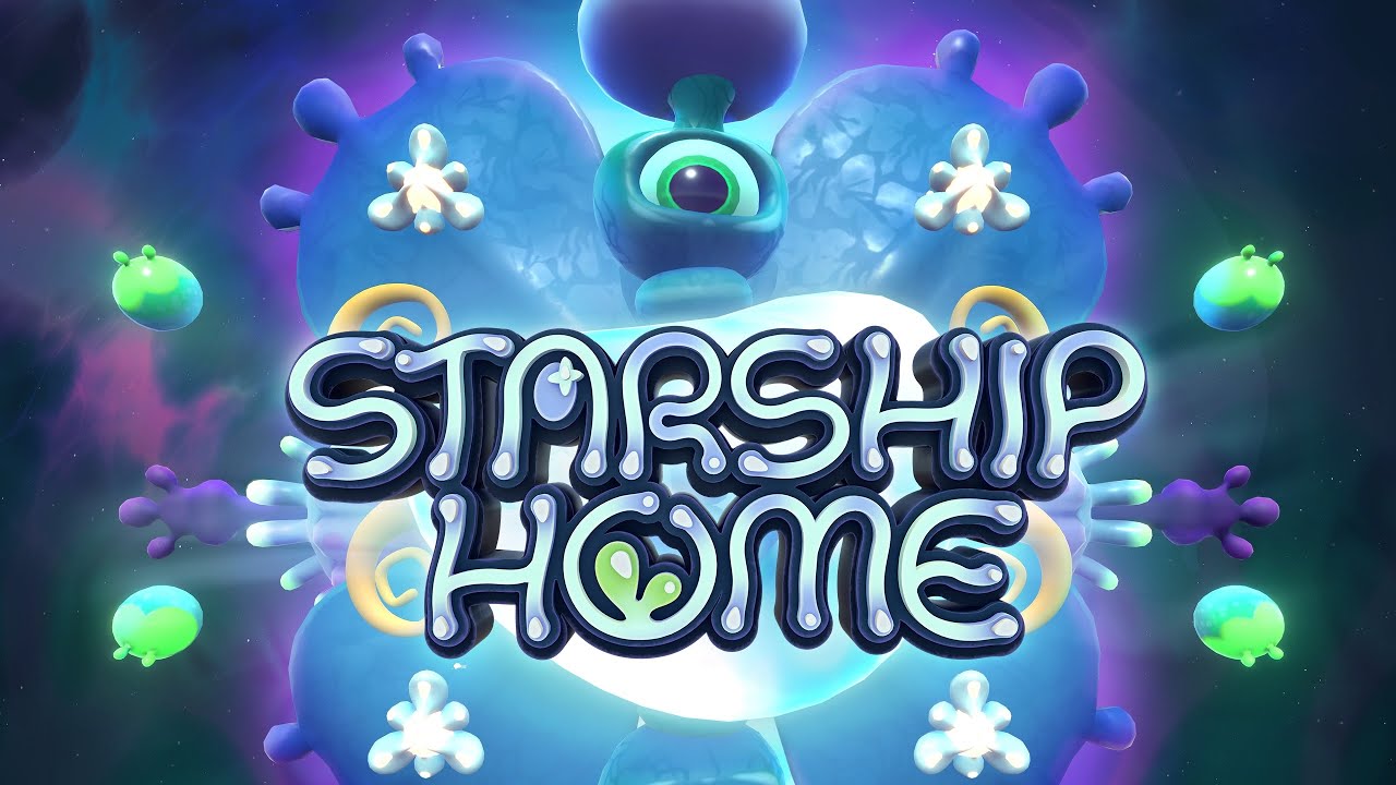 Starship Home title art surrounded by glowing alien plants and pods