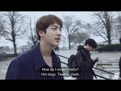 Jin buying hotdogs for members and staff in English | BTS Chicago