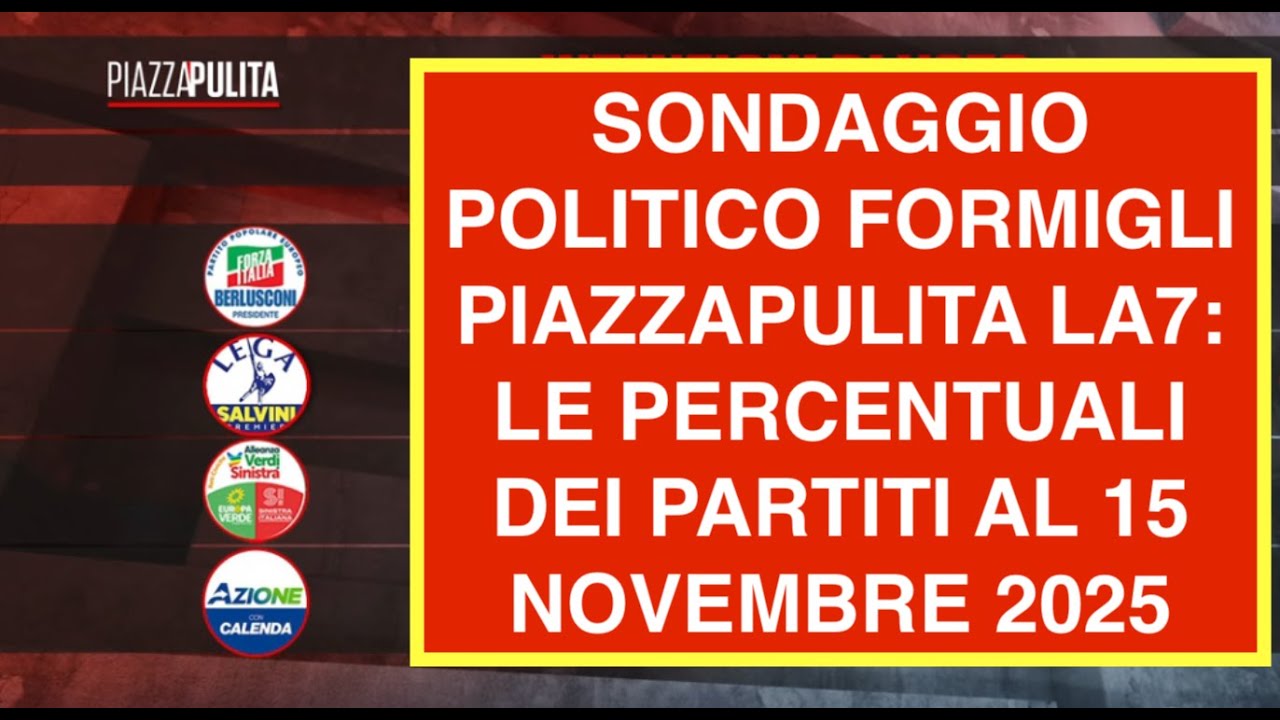 SONDAGGIO POLITICO FORMIGLI PIAZZAPULITA LA7: LE PERCENTUALI DEI PARTITI AL 15 NOVEMBRE 2025