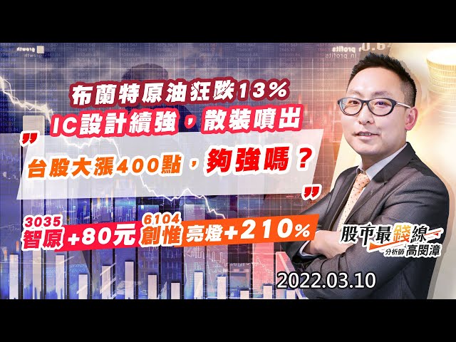 202203010《股市最錢線》#高閔漳 “布蘭特原油狂跌13%，IC設計續強，散裝噴出，台股大漲400點，夠強嗎？””3035智原+80元，6104創惟亮燈+210%”