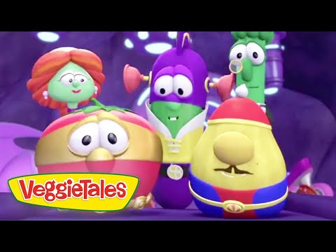 Group of VeggieTales characters posing together on a colorful stage with the VeggieTales logo in the corner.