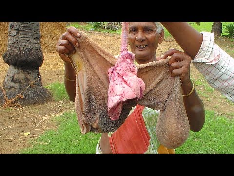 Goat Intestine Cooking & Eating By Grandma- Lamb Gizzard Recipe 2017 - Mango Boti Curry In Village