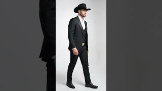 Men’s Black Western Tuxedo Suit with Satin Shawl Lapel Blazer and Double Breasted Vest video