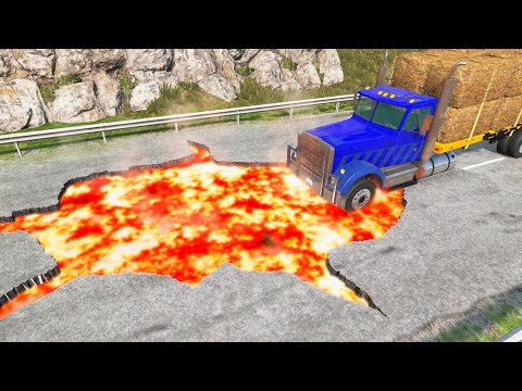 Cars vs Lava Sinkhole PIZ05 - Super Truck, Bus Car Crashes on Damaged Road - BeamNG OMDs