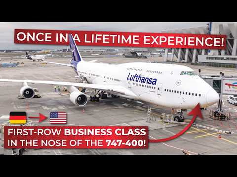 First-Row BUSINESS CLASS in the NOSE of Lufthansa's Boeing 747-400 from Frankfurt to New York JFK!