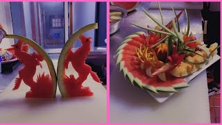 【神業】中国職人技　　フルーツアート　カービング　スイカ切り方　 果物カット　盛り合わせ　2連発