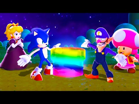Super Mario 3D World - 4 Player Co-Op #01 (Waluigi, Toadette, Shadow Queen, Sonic)