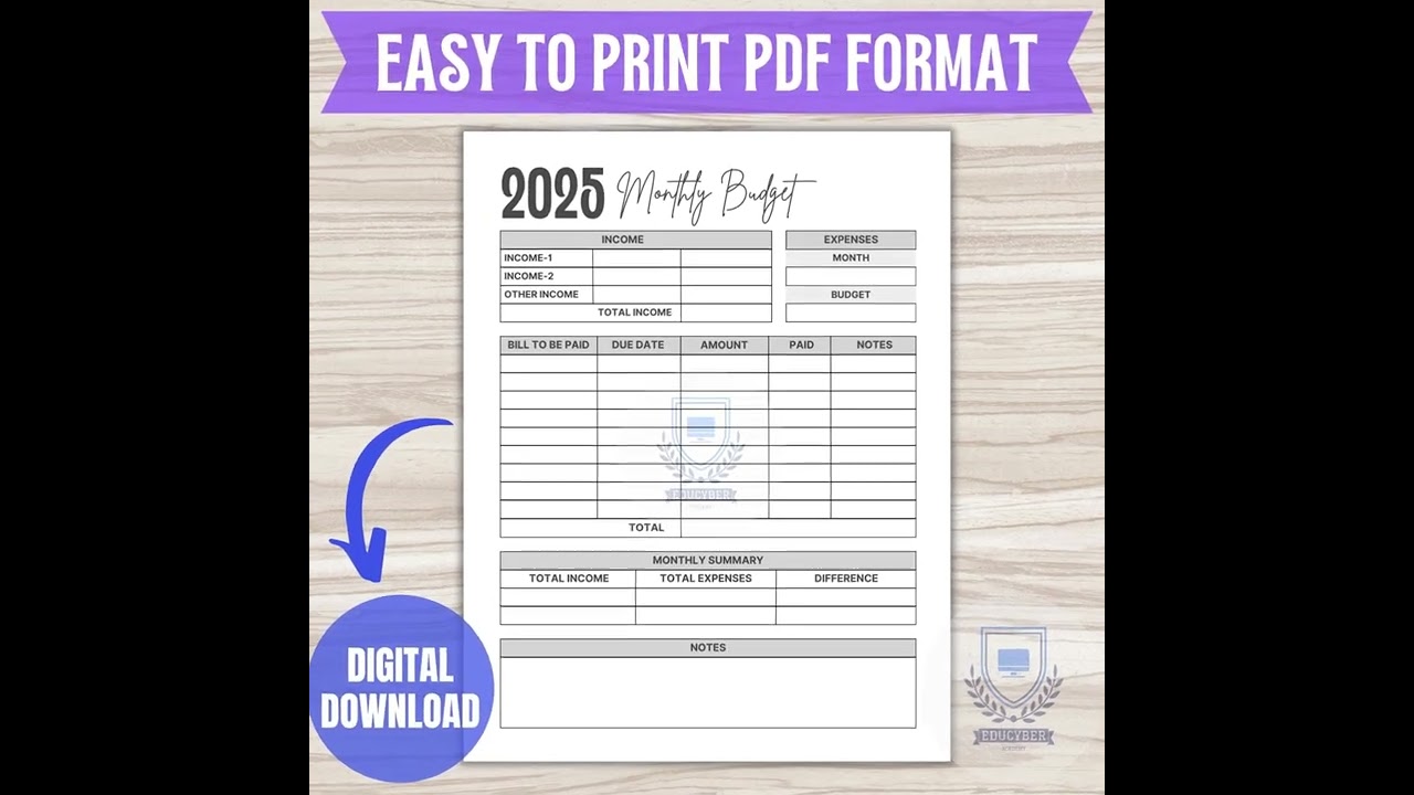 2025 Monthly Budget Printable PDF