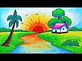 BEAUTIFUL SUNRISE SCENERY DRAWING | HOW TO DRAW EASY NATURE SCENERY DRAWING