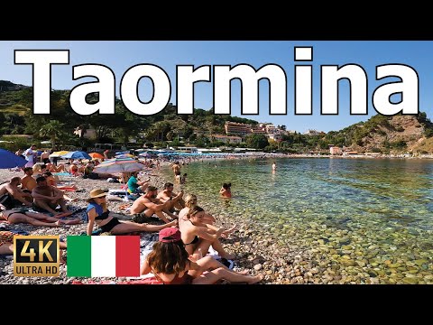 Taormina, Sicily - Walking Tour in 4K - Beach, Pedestrian Street, Architecture, and Atmosphere