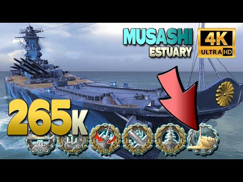 Battleship Musashi on map Estuary, DIE HARD - World of Warships