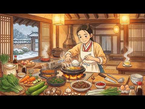 Cozy Winter Hanok Dinner | Dolsot Bibimbap + Warm Barley Tea | Ghibli Style ASMR