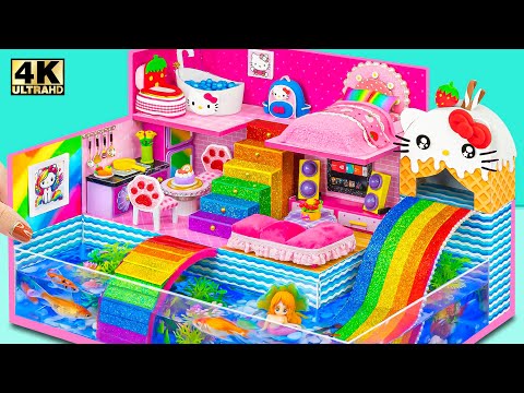 Make Aquarium Around Mini Pink House With Rainbow Hello Kitty Slide for Pet ❤️ DIY Miniature House
