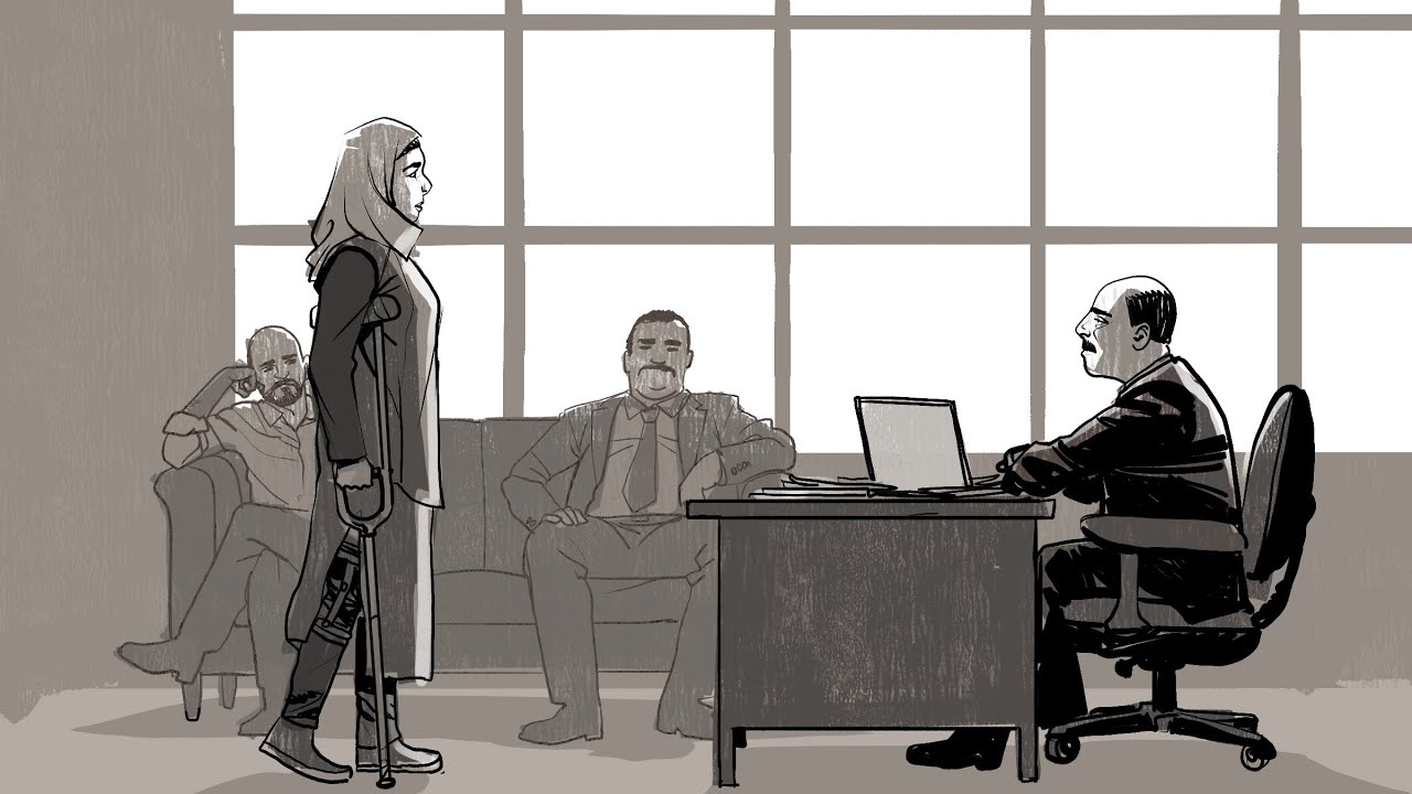 Illustration of woman with crutches confronting boss behind desk