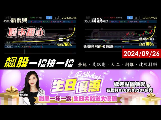 09/26【甜心盤後影音】新復興8.6倍，聯穎今年第26支漲倍股，臺龍．晟銘電．大立．創惟．達興材料，飆股一檔接一檔／生日企劃案