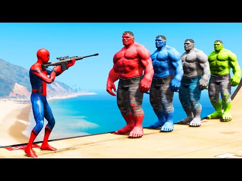 GTA 5 Water Ragdolls Spiderman vs Red Hulk vs Blue Hulk vs Green Hulk Jumps  Fails (Funny Moments) | Video & Photo