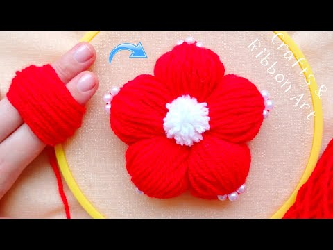 Amazing Woolen Flower Craft Ideas with Fingers - Hand Embroidery Easy Trick - DIY Woolen Flowers