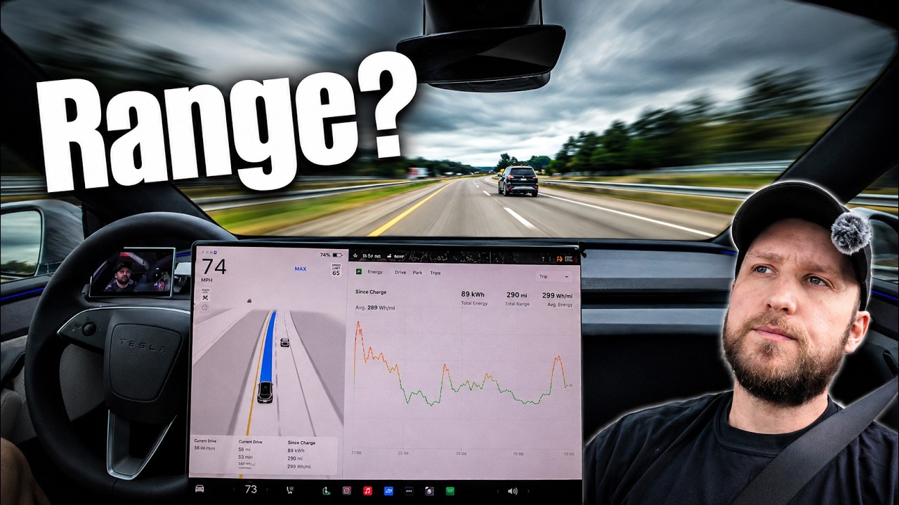 Tesla Model Y L on a Michigan highway during a 75 mph range test