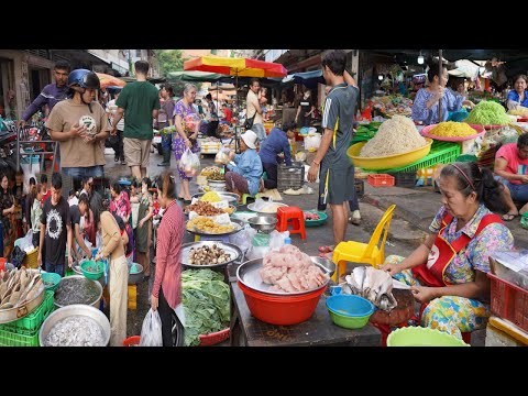 Morning Food Market Scene @Orussey - Plenty Fresh Seafood, Pork, Chicken & More Noodle in Market