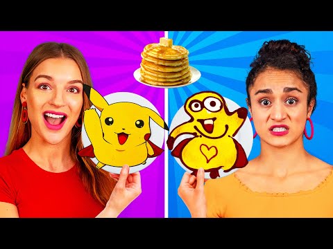 PANCAKE ART CHALLENGE! How To Make Minions Spongebob Emojis out of DIY Pancakes in 24 Hours!
