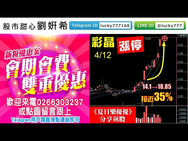 0412廣播題目【股市甜心　劉&#23032;希】彩晶漲停創高大家樂優優，今日專屬新粉企劃案歡迎踴躍報名