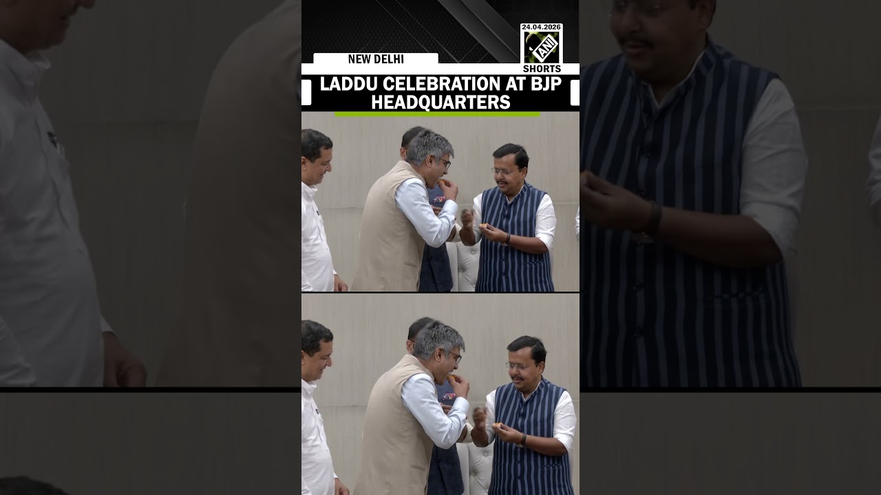 BJP Chief Nitin Nabin offers laddu to Rajya Sabha MPs Raghav Chadha, Sandeep Pathak and Ashok Mittal