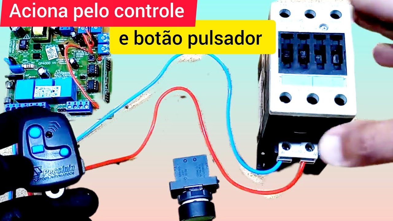 Como ligar chave contatora pelo controle remoto e botão pulsador usando placa de portão eletrônico