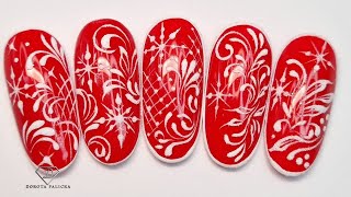 Christmas elegant filigree nail art with snowflakes. Learn beautiful festive nail art
