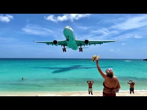 Very low pass ! Maho Beach, Sint Maarten SXM ???????? Plane Spotting / Princess Juliana Airport close up