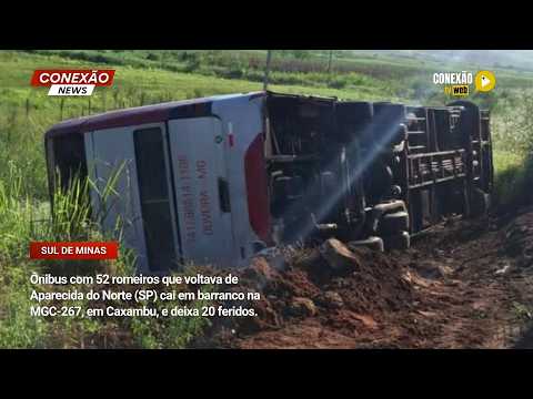 Vídeo: Ônibus com 52 romeiros que voltava de Aparecida do Norte (SP) cai em barranco na MGC-267, em Caxambu, e deixa 20 feridos.