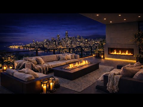 Luxury City Jazz Ambience 🌆🔥 Cozy Fireplace • Night City Views