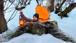 Building a Hidden Dugout Under a Stump.Warm secret shelter. Winter Bushcraft, Survival.