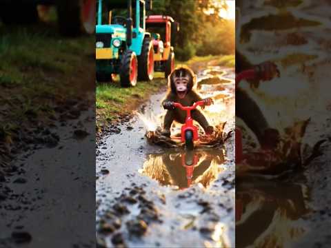 Baby Monkey Splashes in Mud While Riding Bike! Fun with Tractors #MudRide #MonkeyFun #PloopoTV