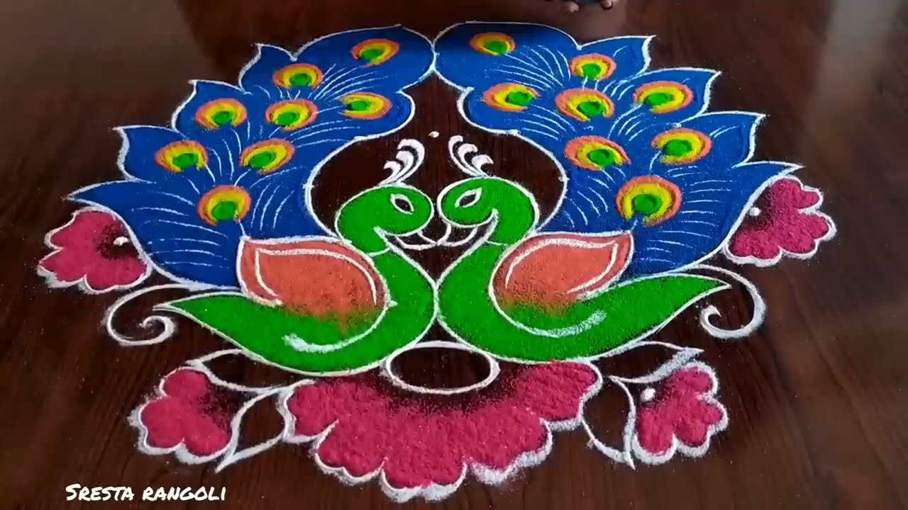 peacock rangoli design with 7 dots by sresta