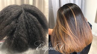 Balayage & Brazilian Blowout  Black n kinky to Caramel Straight Natural Hair
