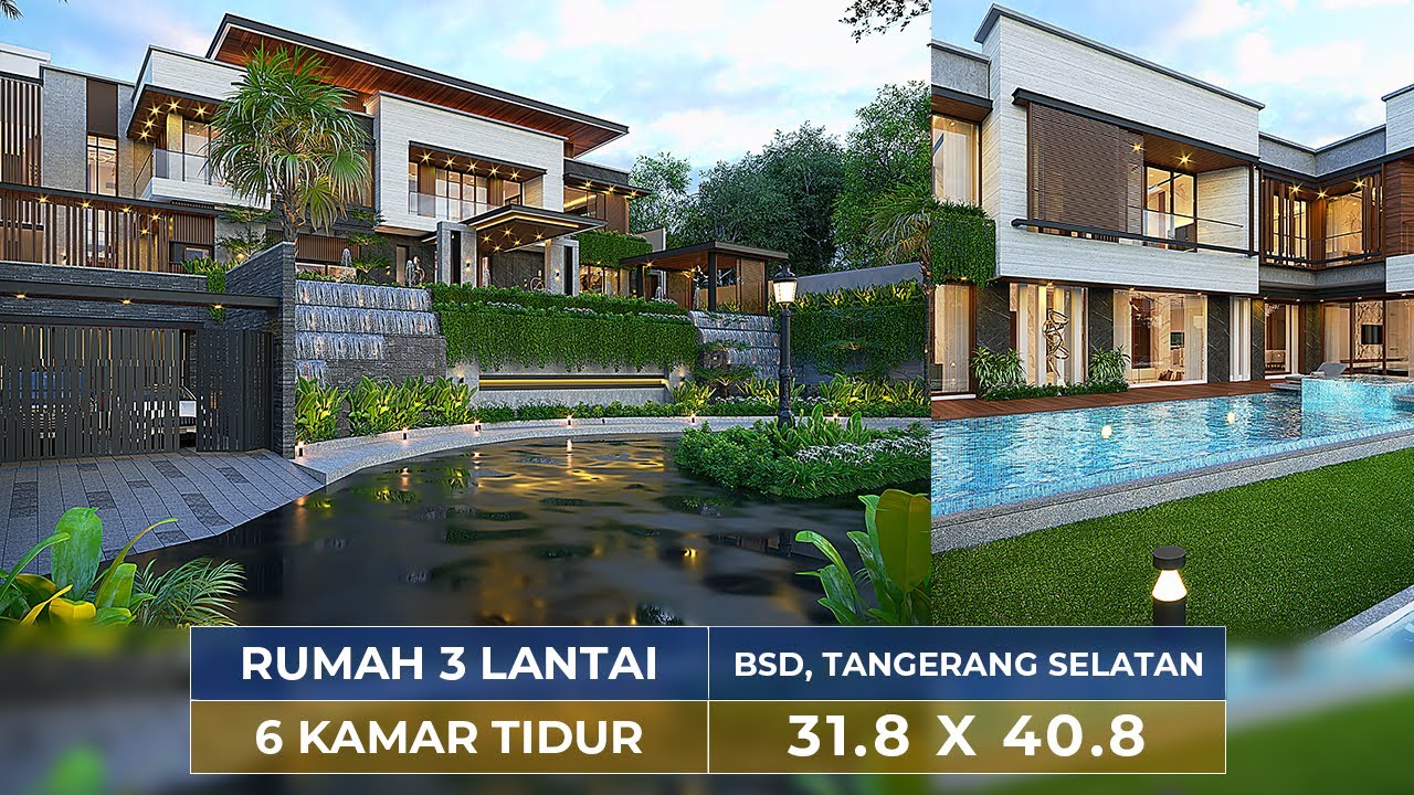 Video 3D Jasa Arsitek Desain Rumah Modern 3 Lantai Luas 1000 m2 Lebar 31.8 m