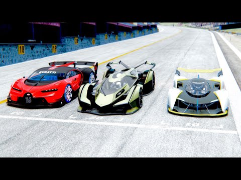 Lamborghini V12 Vision GT vs Bugatti Vision GT vs McLaren Ultimate VGT at Drag Race 20 KM