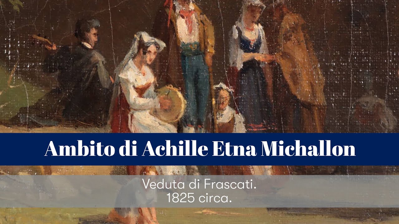 Dipinto di Paesaggio, Olio su Tela Veduta di Frascati Ambito di Achille Etna Michallon