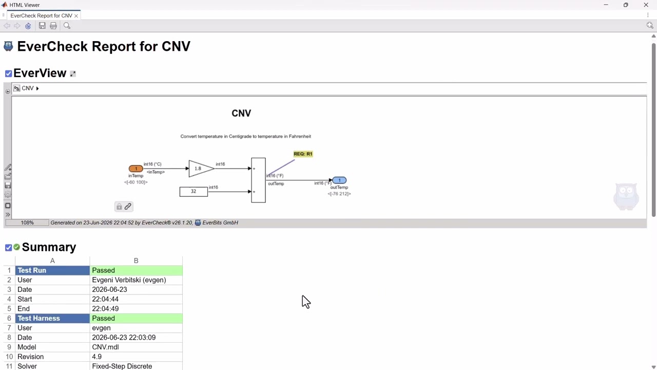 The self-contained HTML verification report in EverCheck