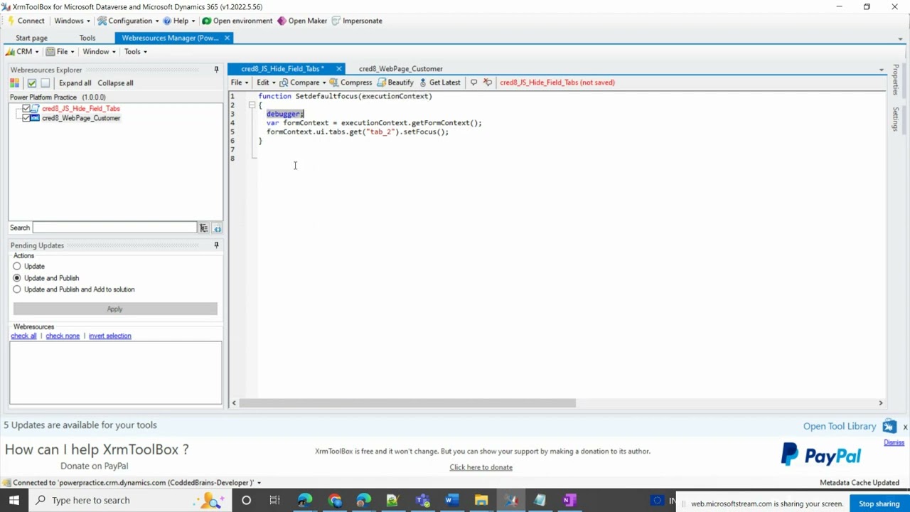 Dynamics 365 - Model Driven App with client side scripting change tab focus