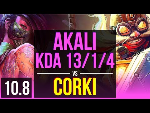 AKALI vs CORKI (MID) | KDA 13/1/4, 2 early solo kills, Legendary | NA Diamond | v10.8