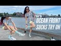Public Nylons Socks Try On Shoeplay Hosiery Stockings Review Dangle Legs Feet Toes Girl