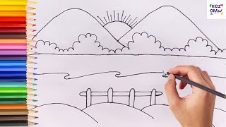 Easy Landscape Drawing for Kids 🌳🌞 | Step by Step Scenery Drawing Tutorial