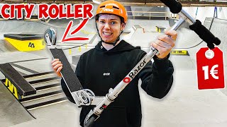 Profi Scooter Fahrer fährt mit City Roller im Skatepark!