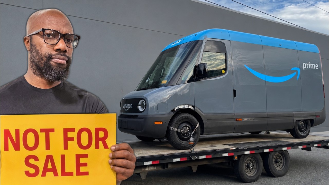 Rivian-built Amazon electric delivery van in a workshop