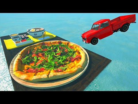 Cars Jumping Into Giant Pizza & Chinese Food - BeamNG Drive | 3xC