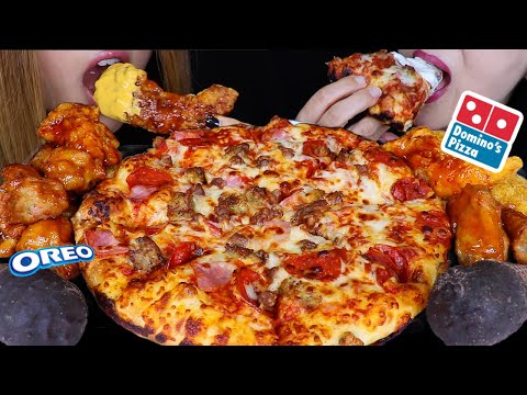 ASMR DOMINOS CHEESY MEATZZA PIZZA + SPICY FRIED CHICKEN + OREO ICE CREAM 먹방