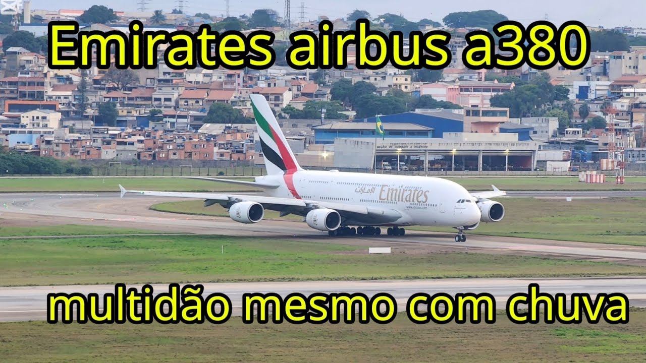 pouso e decolagem aeroporto internacional de Guarulhos com multidão na chegada airbus a380 Emirates