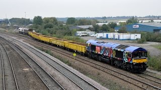preview picture of video '66718 & 66721 on 6X03 at GB Railfreight Wellingborough Yard'